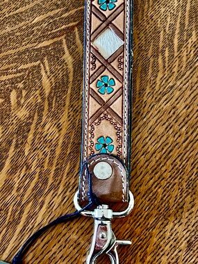 Myra Bag Brown Leather Key Holder with Turquoise and Harion Flower Accents